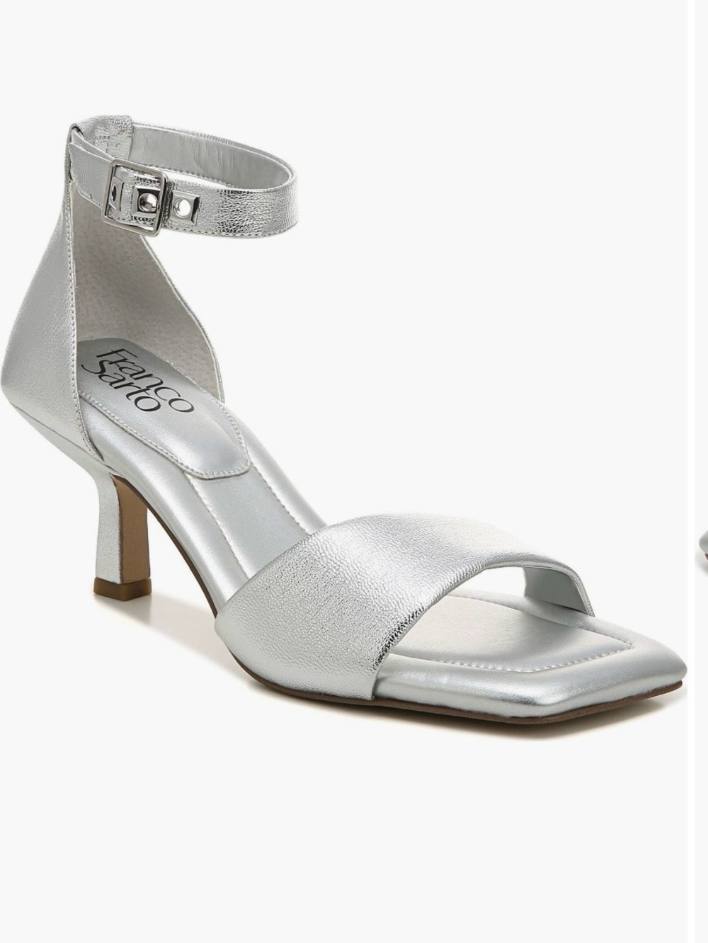 Franco Sarto Silver Metallic Ankle-Strap Kitten Heel Sandals
